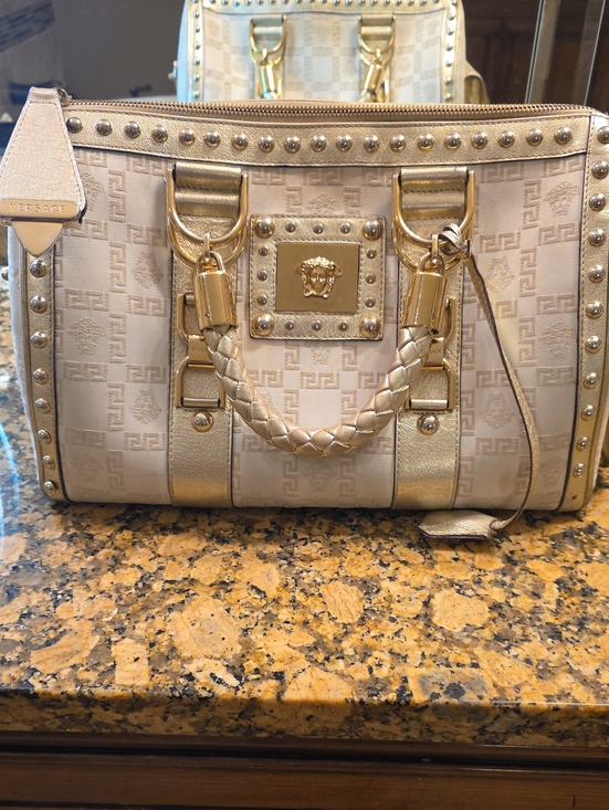 Versace Handbags - Gorgeous Versace Cream and Gold Medusa Studded Satchel with Braided Handle